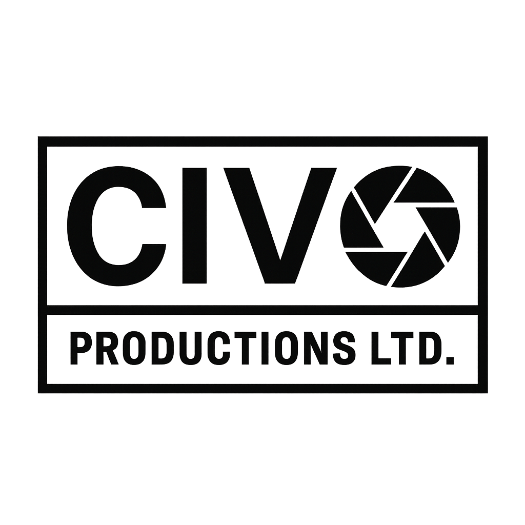 Black and white logo with the text 'CIV' and an icon resembling a camera lens, with 'PRODUCTIONS LTD.' written below.