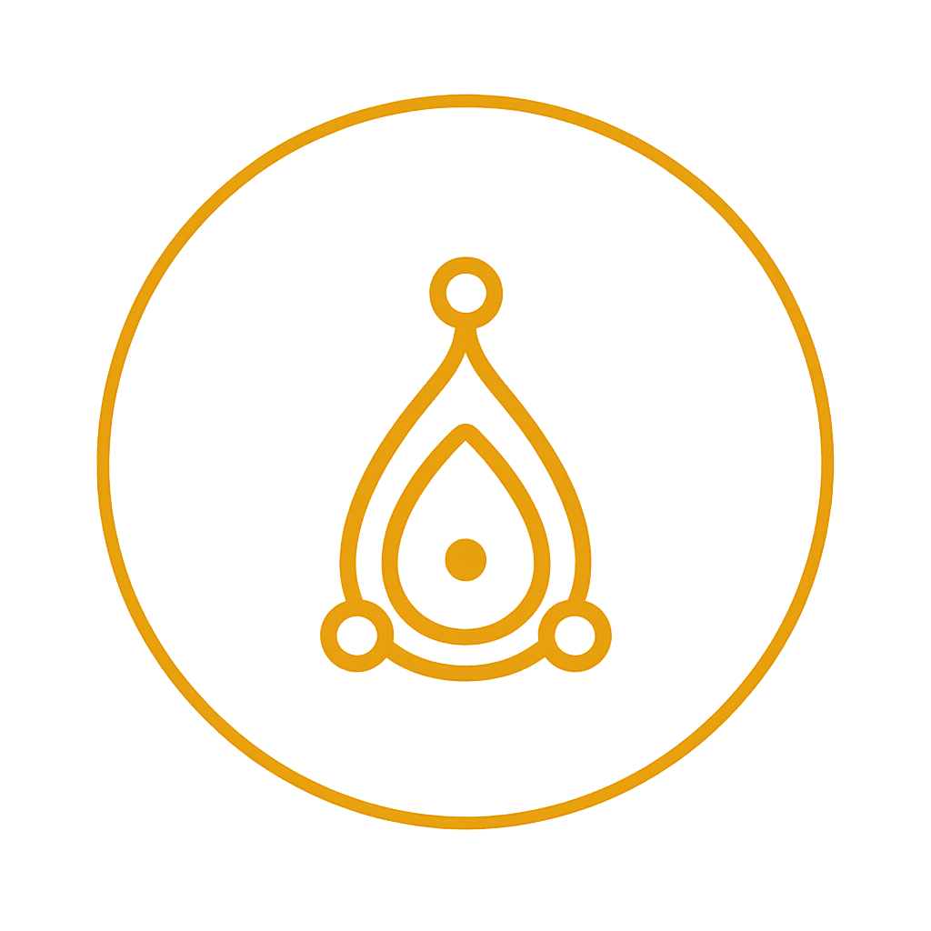 Minimalist gold line icon of a drop-shaped pendant with smaller circles at the top and bottom, inside a circular border.
