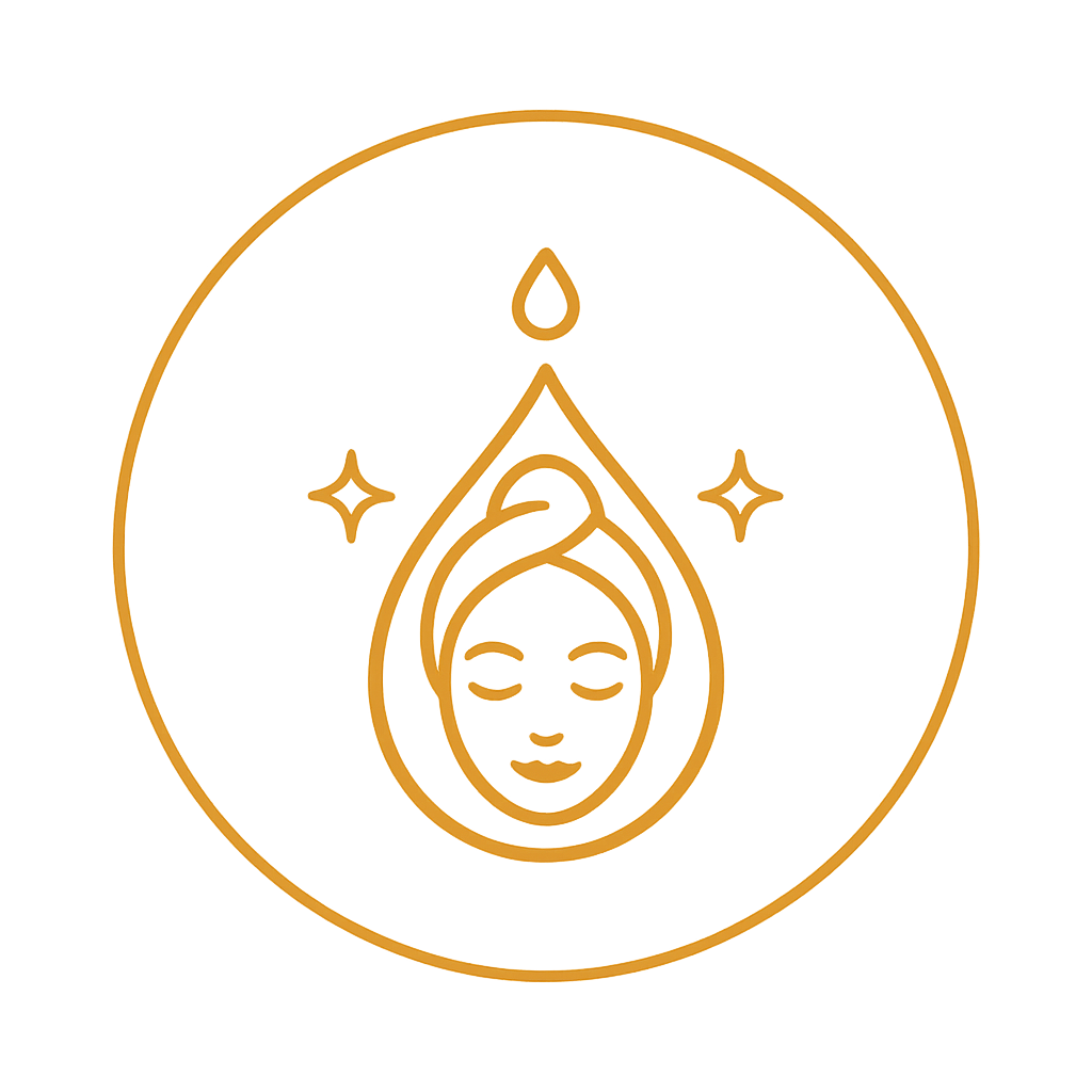 Gold line drawing of a woman's face with closed eyes under a head wrap, surrounded by a teardrop shape and sparkles, with a drop at the top, inside a large circle. The design suggests wellness or beauty.