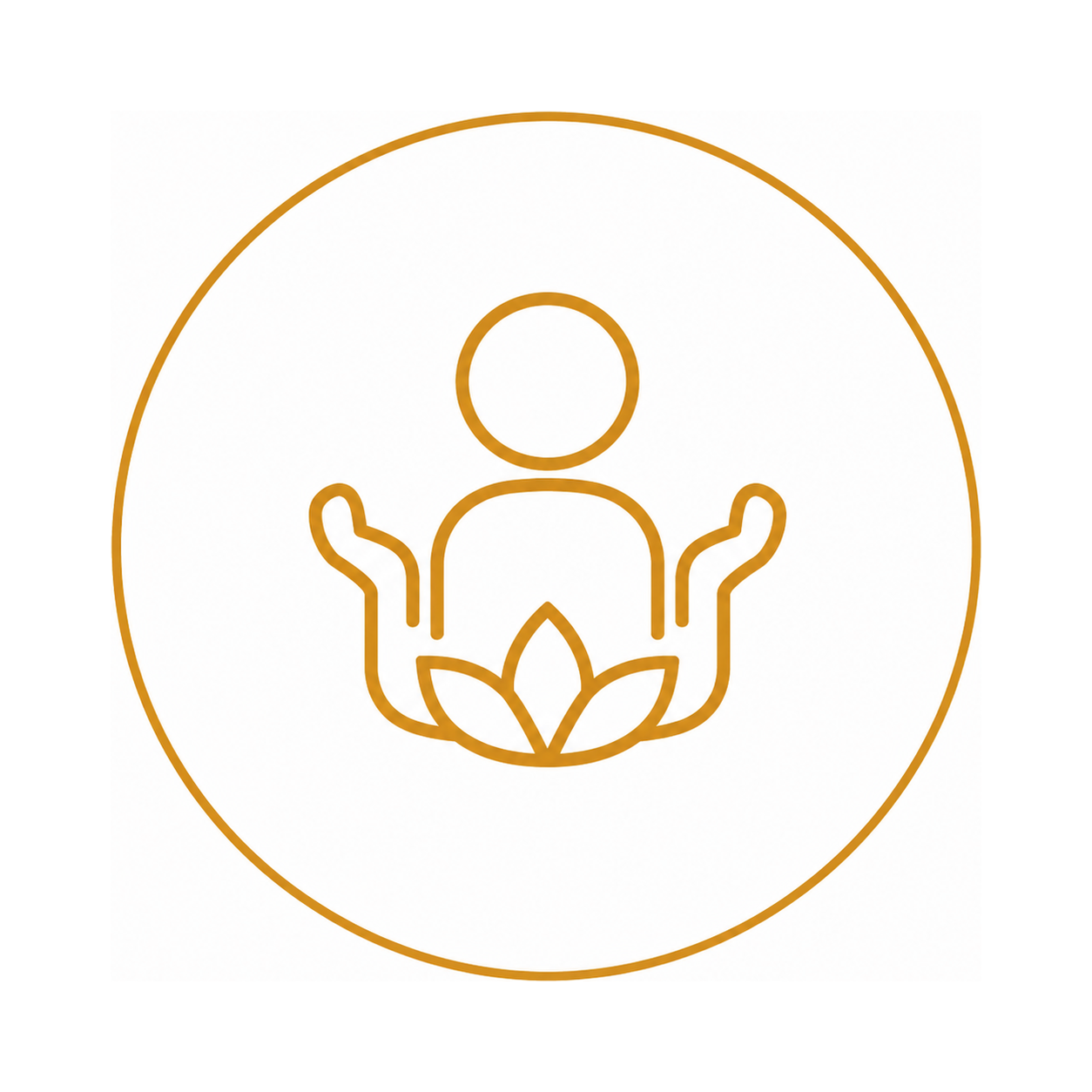 A minimalist line drawing of a person in a meditation pose with lotus flowers, enclosed in a circle.