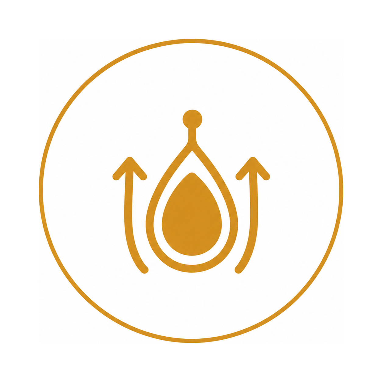 Gold-colored icon of a water droplet with arrows pointing upward on both sides, encircled by a thin gold ring.