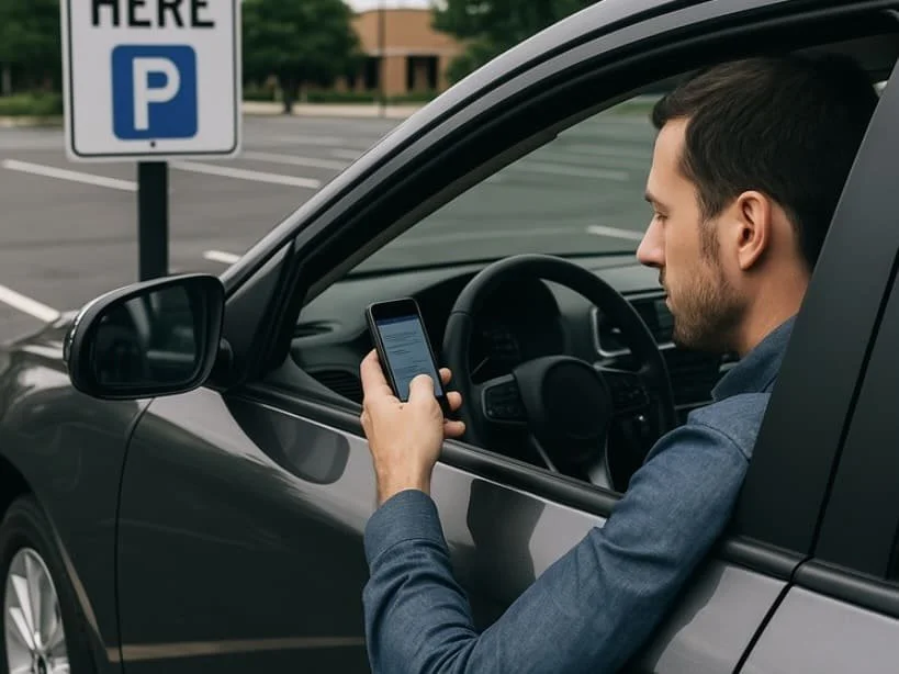 A man in a blue blazer sits in a gray car in a parking lot, looking at his phone, with a parking payment sign in the background.