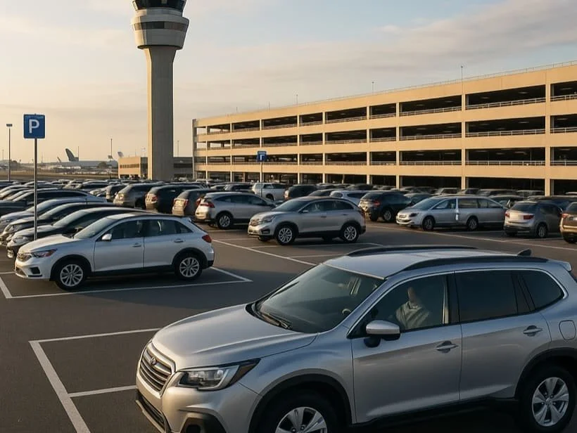 A parking lot at an airport with numerous parked cars under a partly cloudy sky, a parking garage, and an airport control tower in the background.