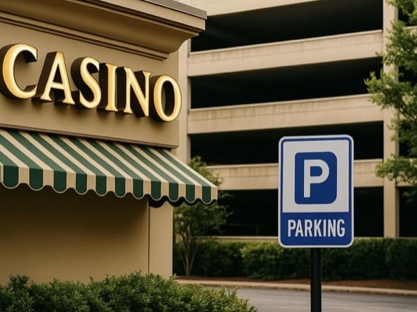 The image shows a building with a green and white striped awning and illuminated sign that says 'CASINO'. To the right, there is a blue and white parking sign indicating parking availability. The background features a parking structure and some trees.