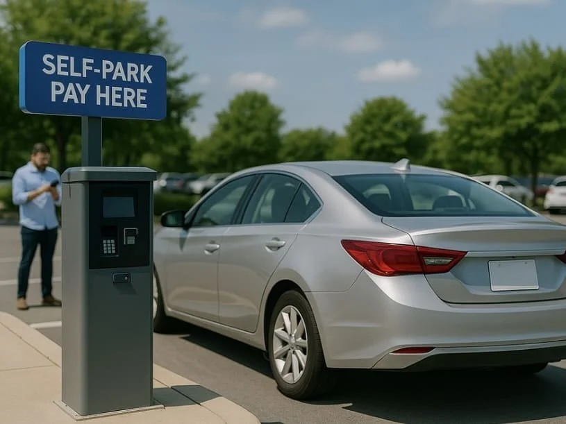 A man standing in a parking lot using a phone, next to a silver sedan parked at a self-park pay kiosk with a blue sign that says 'Self-Park Pay Here', green trees, and other cars in the background.