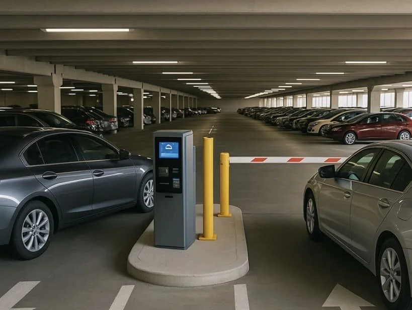 Underground parking garage with a parking meter and a barrier gate, cars parked in the lot.