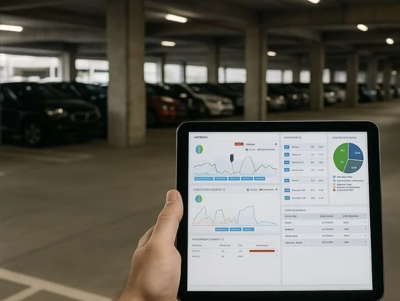 Person holding a tablet displaying data charts in a parking garage with parked cars