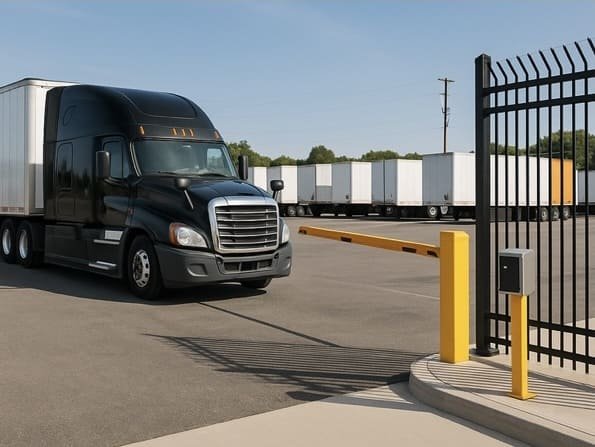 A black semi-truck parked near a gated entrance with white trailers in the background