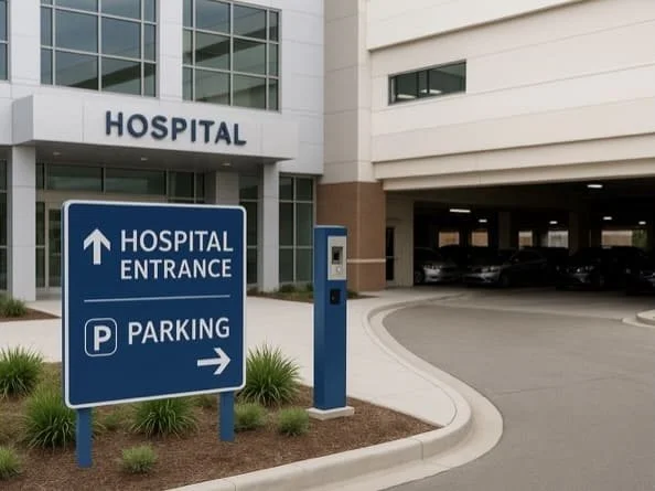 Hospital entrance with parking sign and parking lot visible in the background.