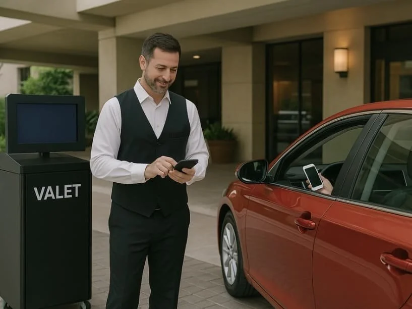 A valet attendant is standing beside a red car, using a smartphone. The valet stand has a screen and a sign that says 'Valet'.