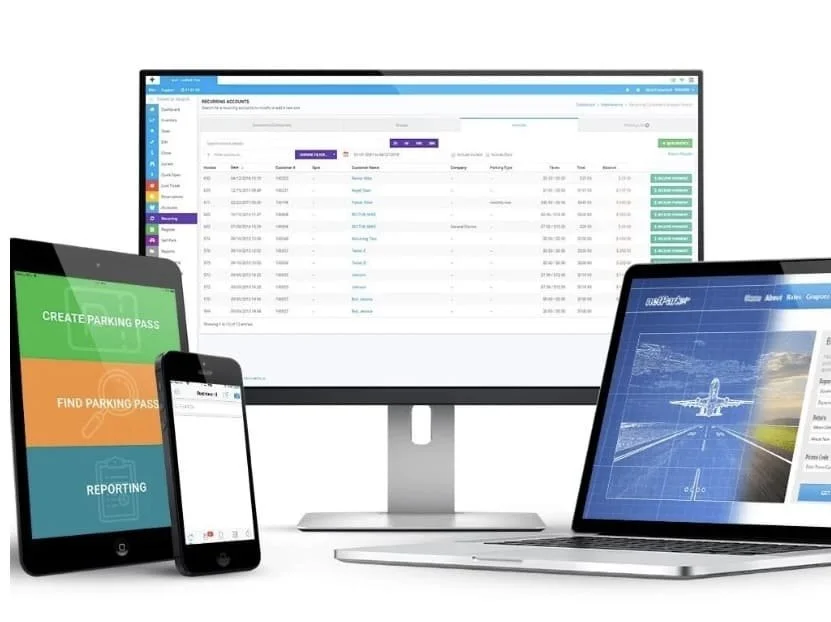 Multiple electronic devices including a desktop computer, a tablet, a smartphone, and a laptop, each displaying different software interfaces, with the desktop showing a data management or accounting program, the tablet and smartphone displaying parking management apps, and the laptop showing a travel booking site.
