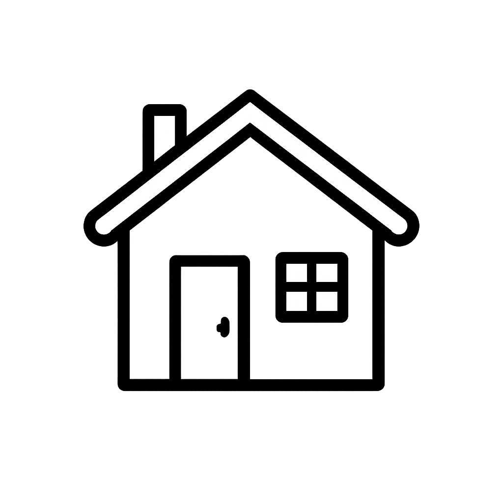 Black and white outline icon of a house with a pitched roof, chimney, front door, and window.