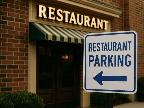A sign indicating parking for the restaurant points to the left, with the restaurant entrance and illuminated sign visible in the background.