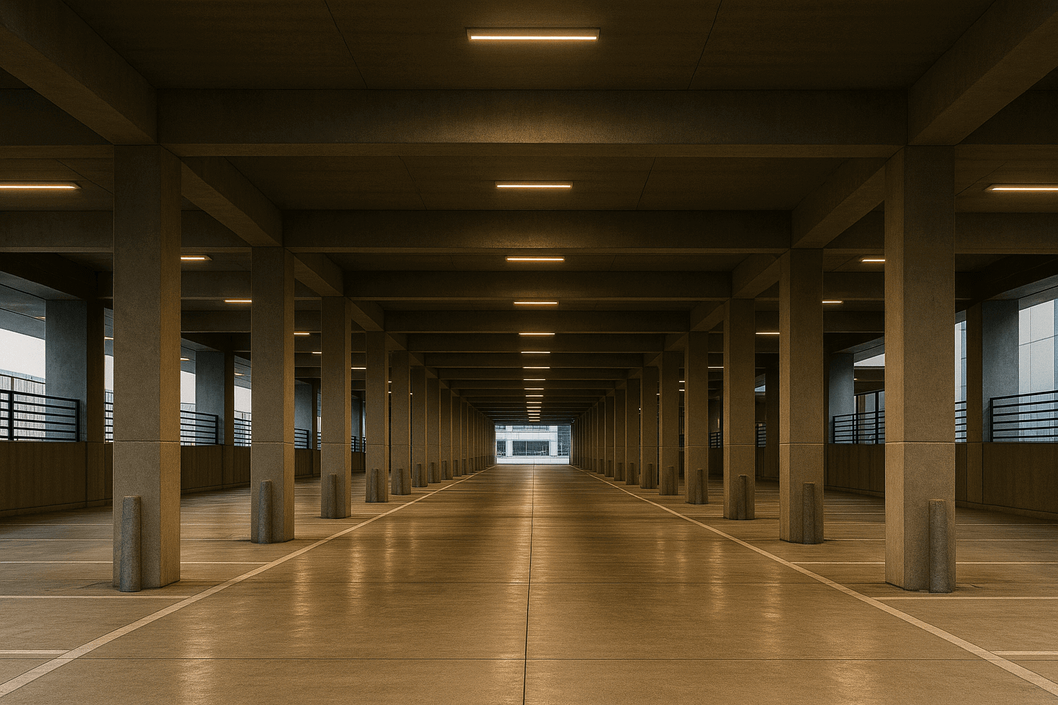 Empty multi-level parking garage with concrete pillars and a single row of overhead lights.