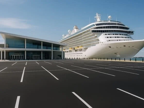 Large white cruise ship docked at a port near a modern building with empty parking lot in front.
