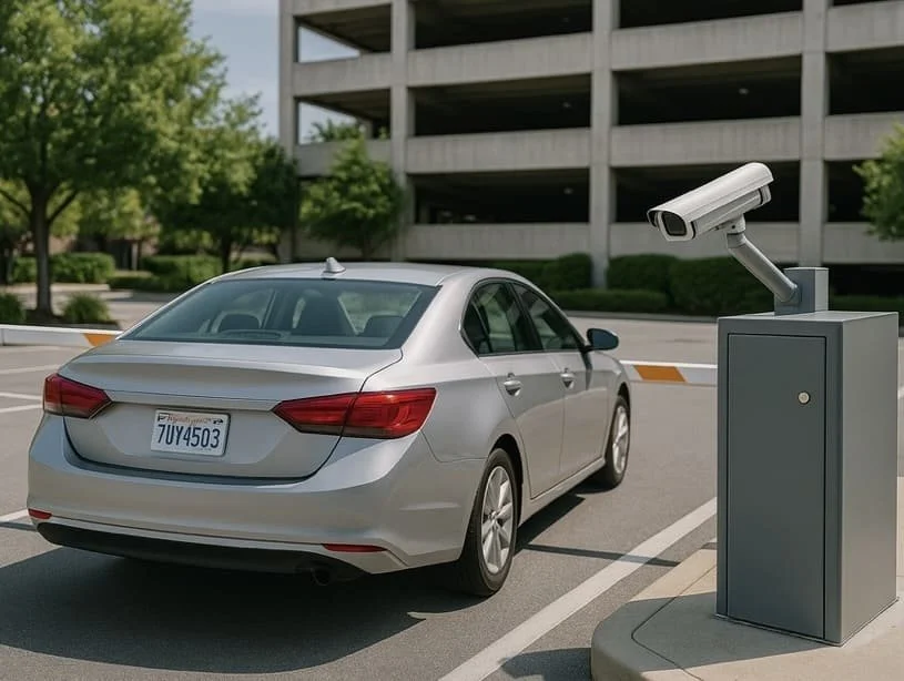 A silver sedan is parked in a parking lot next to a traffic camera or surveillance camera mounted on a gray cabinet, with a multi-story parking structure and trees in the background.