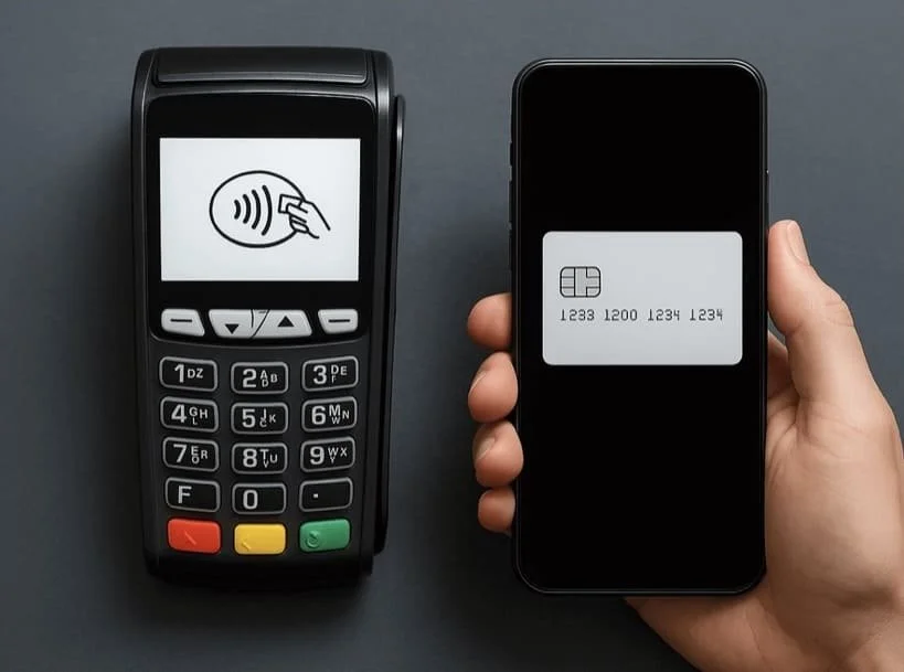 A person holding a smartphone displaying a credit card payment screen, with a contactless payment terminal nearby showing a contactless payment icon.