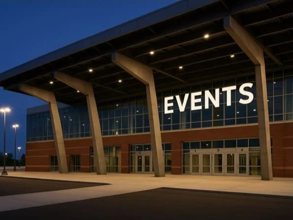 Exterior of a modern building labeled 'EVENTS' at night, with large glass windows, brick accents, and illuminated lamp posts.