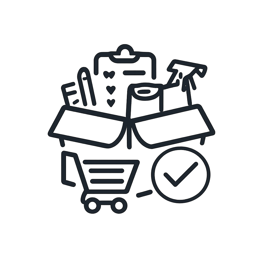 Outline illustration of a shopping package filled with a calendar, pen, spray bottle, and shopping cart, with a checkmark inside a circle.