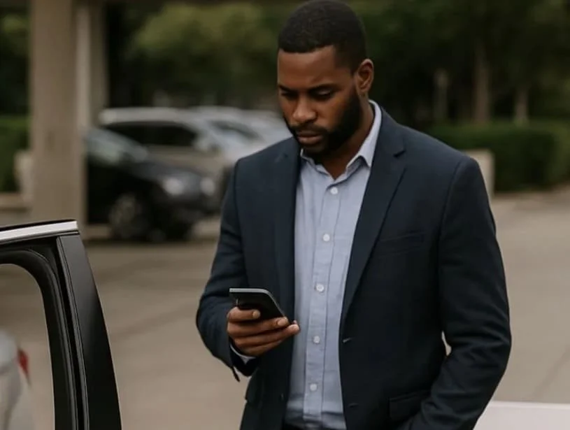 A man in a business suit looking at his phone next to a vehicle parking lot with a sign that says valet parking.