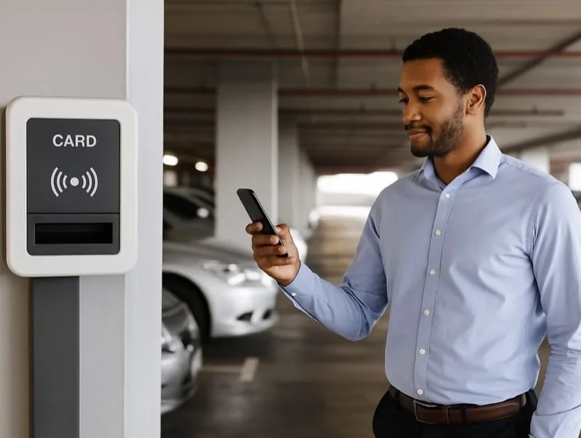 A man in a blue dress shirt using a smartphone near an electronic parking card reader in a parking garage.