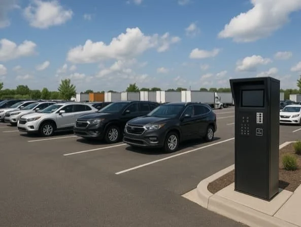 Parking lot with multiple parked cars, a black parking payment kiosk, trees, and a partly cloudy sky.