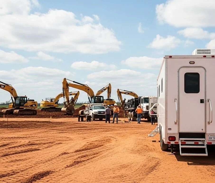 Construction site with five excavators digging into dirt, workers in safety gear, trucks, and a portable office trailer on reddish-brown ground under partially cloudy sky.