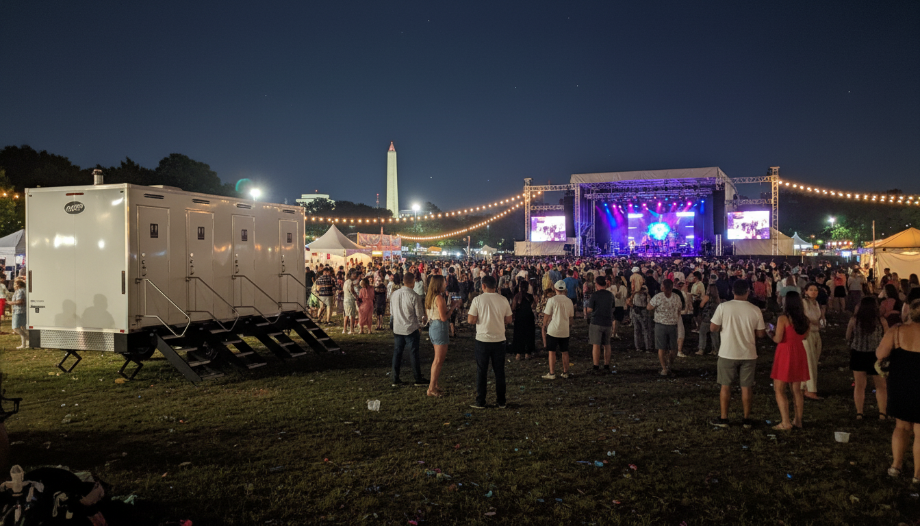 A large crowd of people attending a nighttime outdoor concert with a stage, purple lighting, and screens on either side. There are tents and string lights across the area, with the Washington Monument visible in the background.