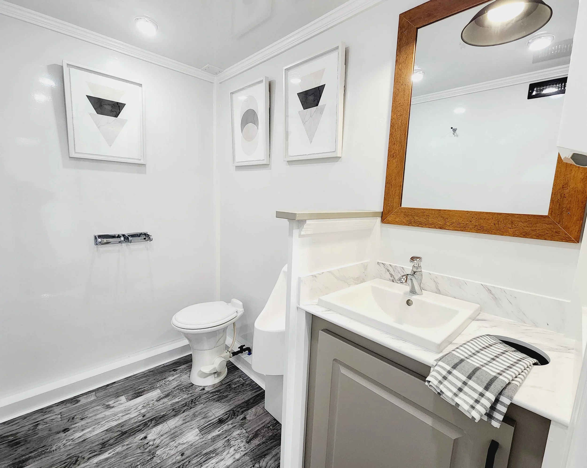 A small bathroom with white walls, wood-look flooring, a white toilet, a sink with a marble countertop, a large wooden framed mirror, and artwork of geometric shapes on the wall.