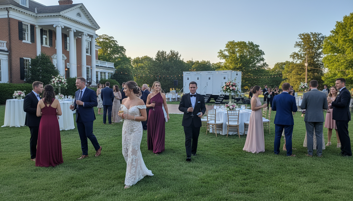Guests dressed in formal attire socializing outdoors at a wedding reception on the lawn in front of a large house, with string lights and floral centerpieces on tables.