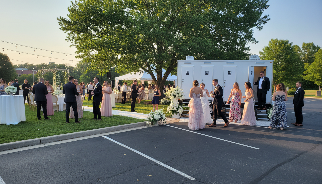 mobile restroom outside on the grass at a wedding northern virginia