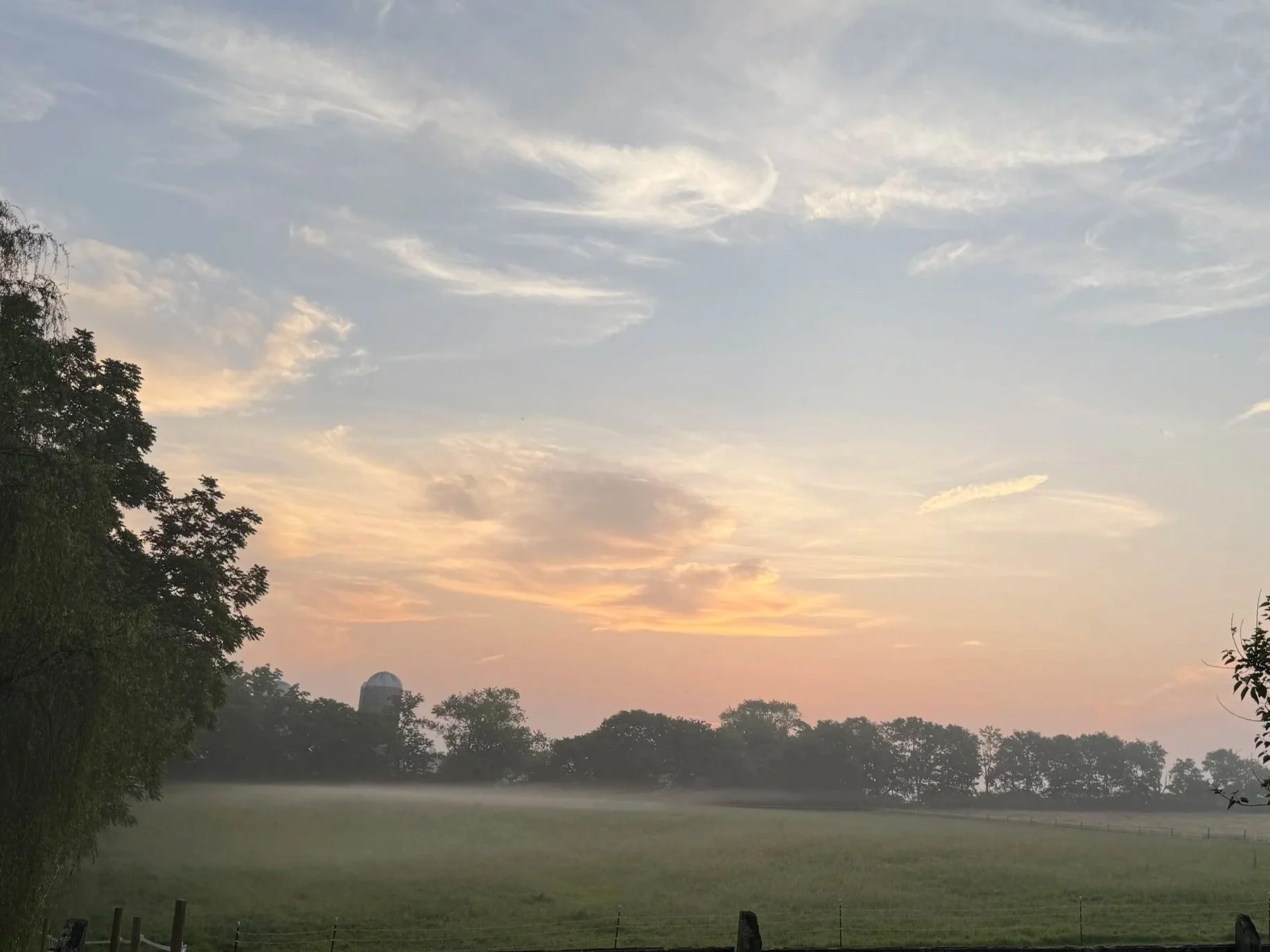 A scenic view of a sunrise or sunset over a grassy field with trees and a distant structure, possibly a dome, in the background.