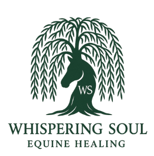 A logo of a tree with a horse's head as part of the trunk and long hanging branches, with the text 'WHISPERING SOUL' and 'EQUINE HEALING' underneath.