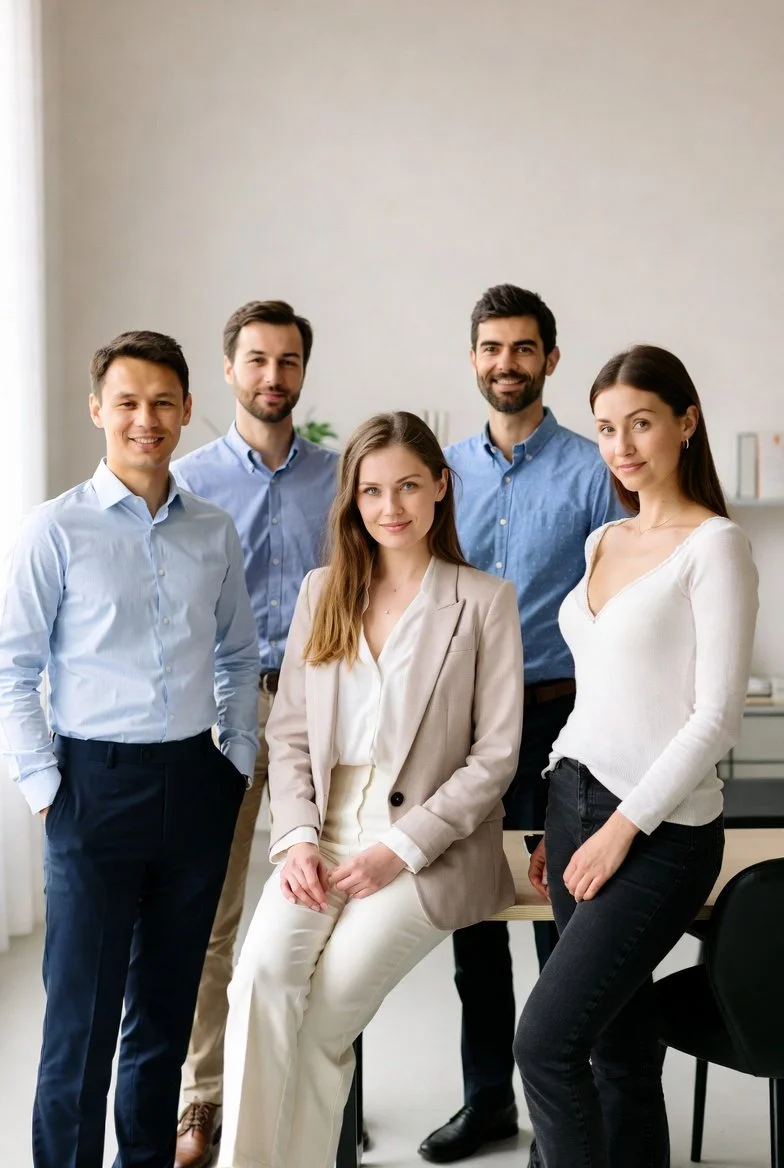 Cinco jóvenes profesionales posando juntos en un entorno de oficina, con un fondo de pared neutro y una decoración moderna.