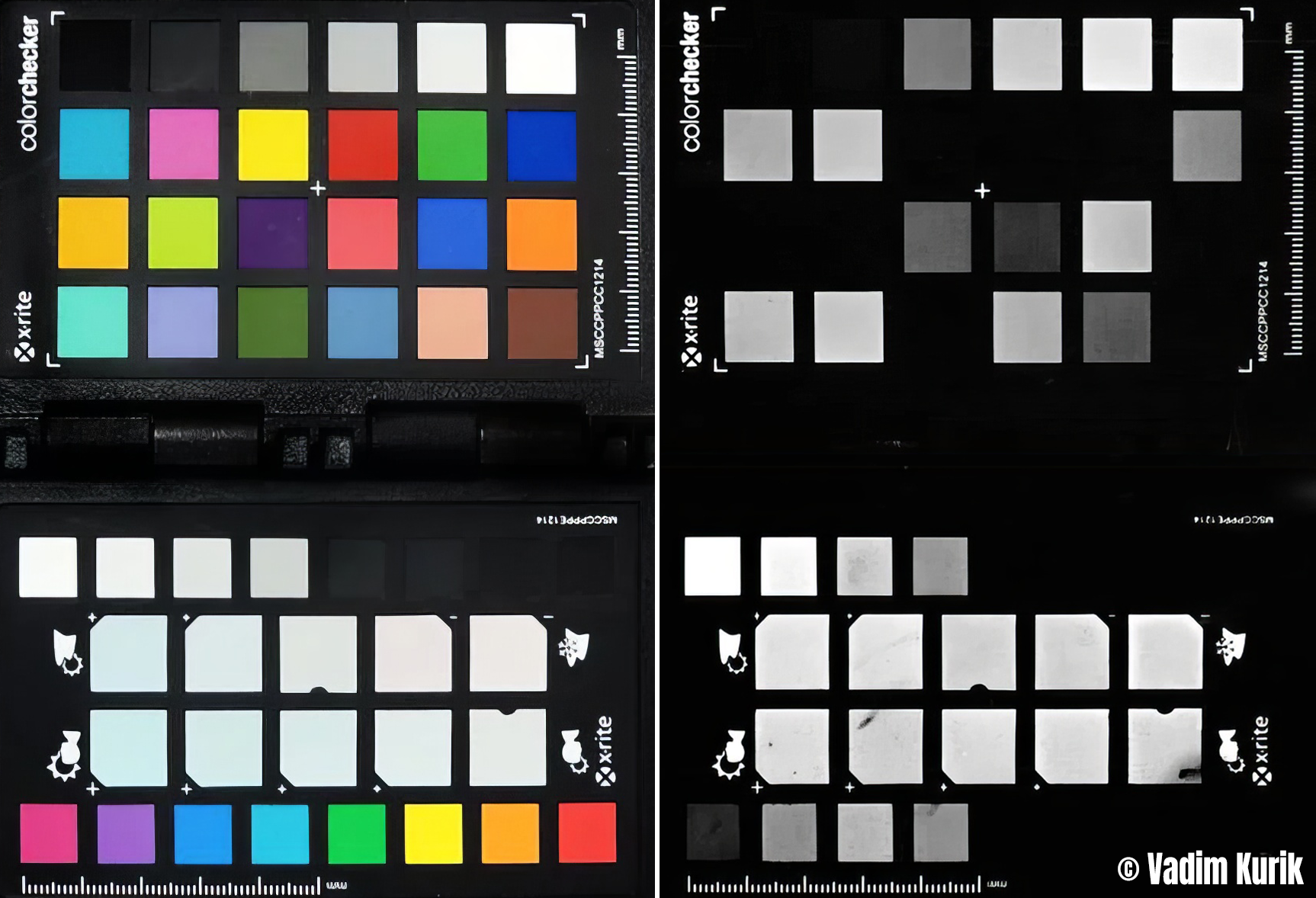 Photograph of a color calibration chart with a color section showing various colors and a grayscale section with different shades of gray and white using wet plate collodion tintype