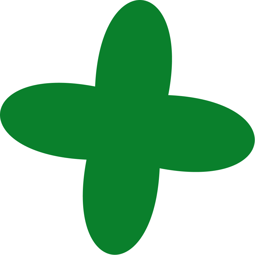 A simple green four-petaled flower graphic.