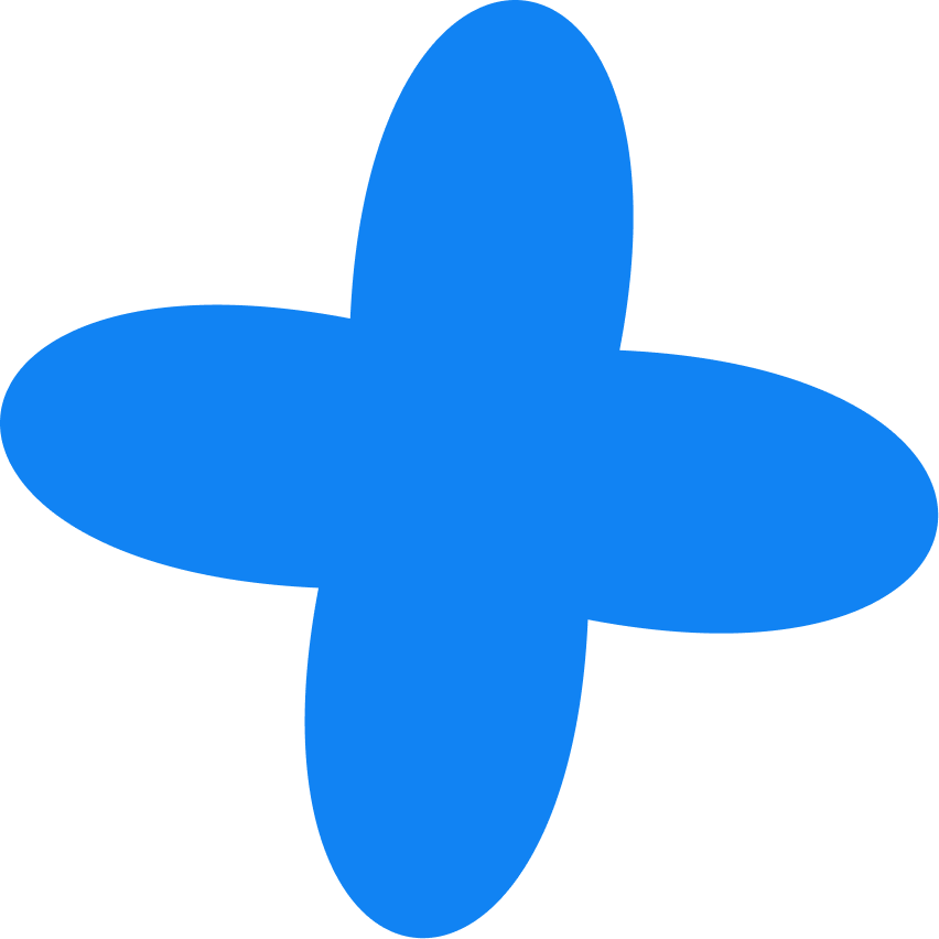 A simple blue four-petaled flower graphic.