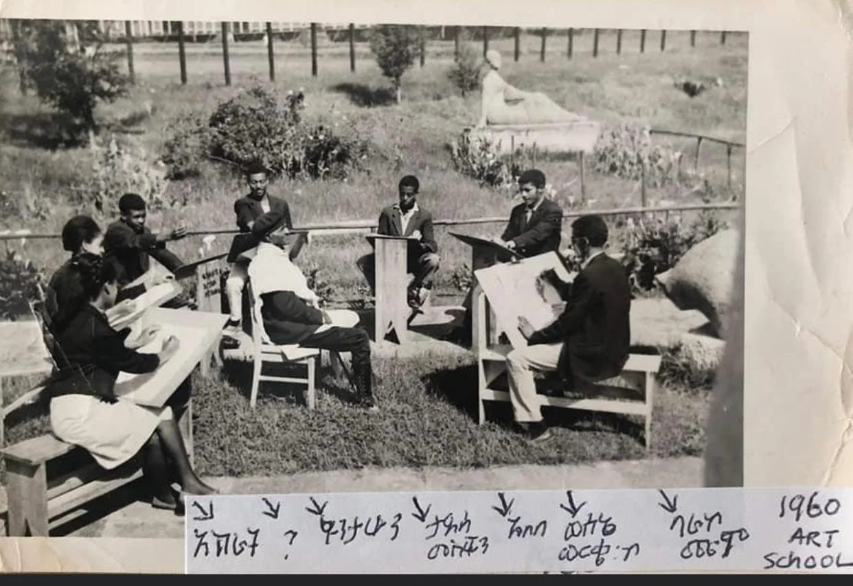 In 1968, Wosene (second from right) participates in a drawing class at the School of Fine Arts, Addis Ababa.