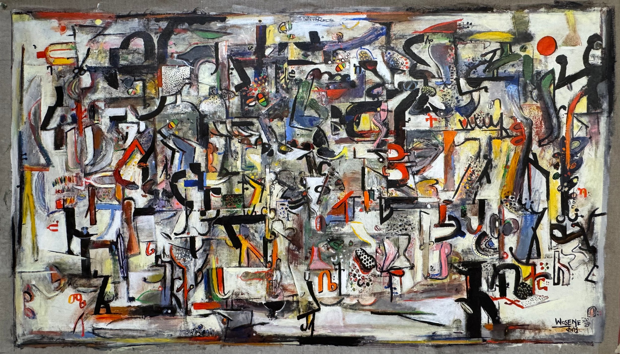 A Life of Words, 2025, acrylic on linen, 32” x 58” (81.3 x 147.3 cm)