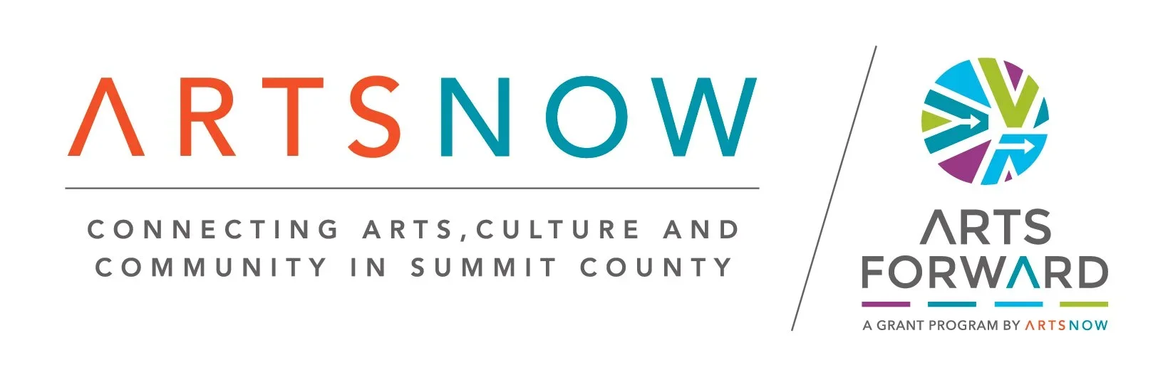 Logo for Arts Now and Arts Forward, connecting arts, culture, and community in Summit County, with colorful circular graphic elements.