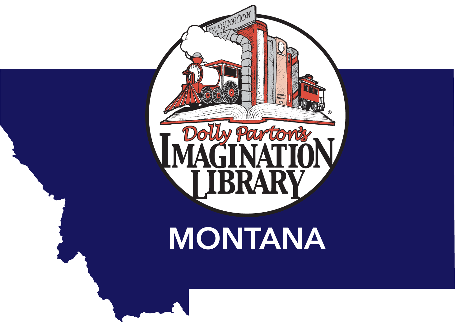 Logo of Dolly Parton's Imagination Library with a train and books, over a silhouette map of Montana, with the word 'Montana' underneath.