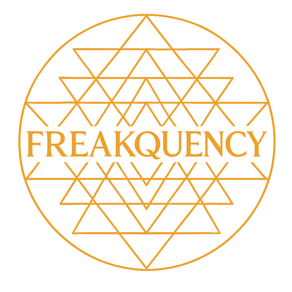 A black circular logo with a geometric pattern of orange lines forming triangles, with the word "FREAKQUENCY" written in orange capital letters across the center.