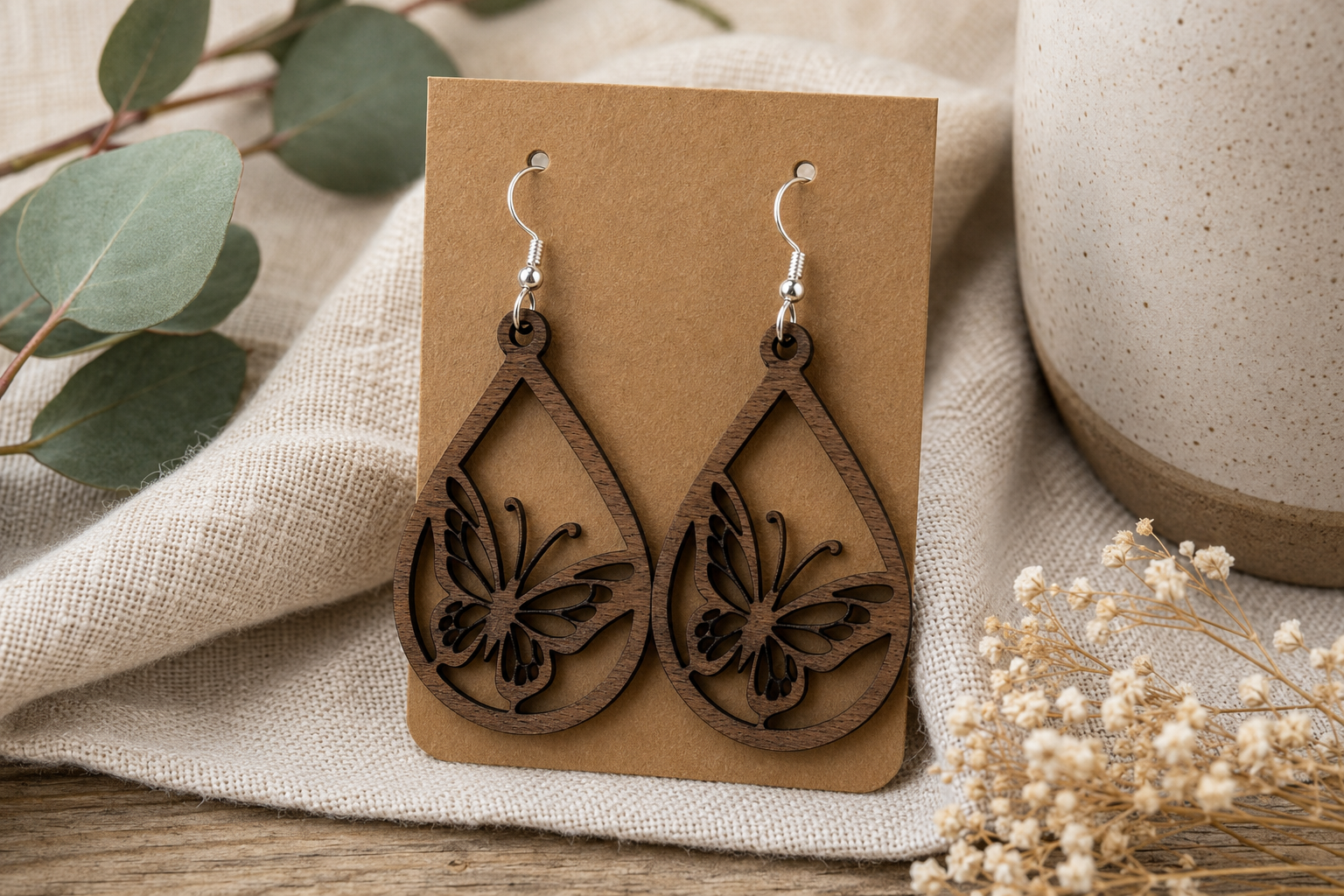 Walnut Butterfly Frame Teardrop Earrings – Laser-Cut Nature Dangle Earrings