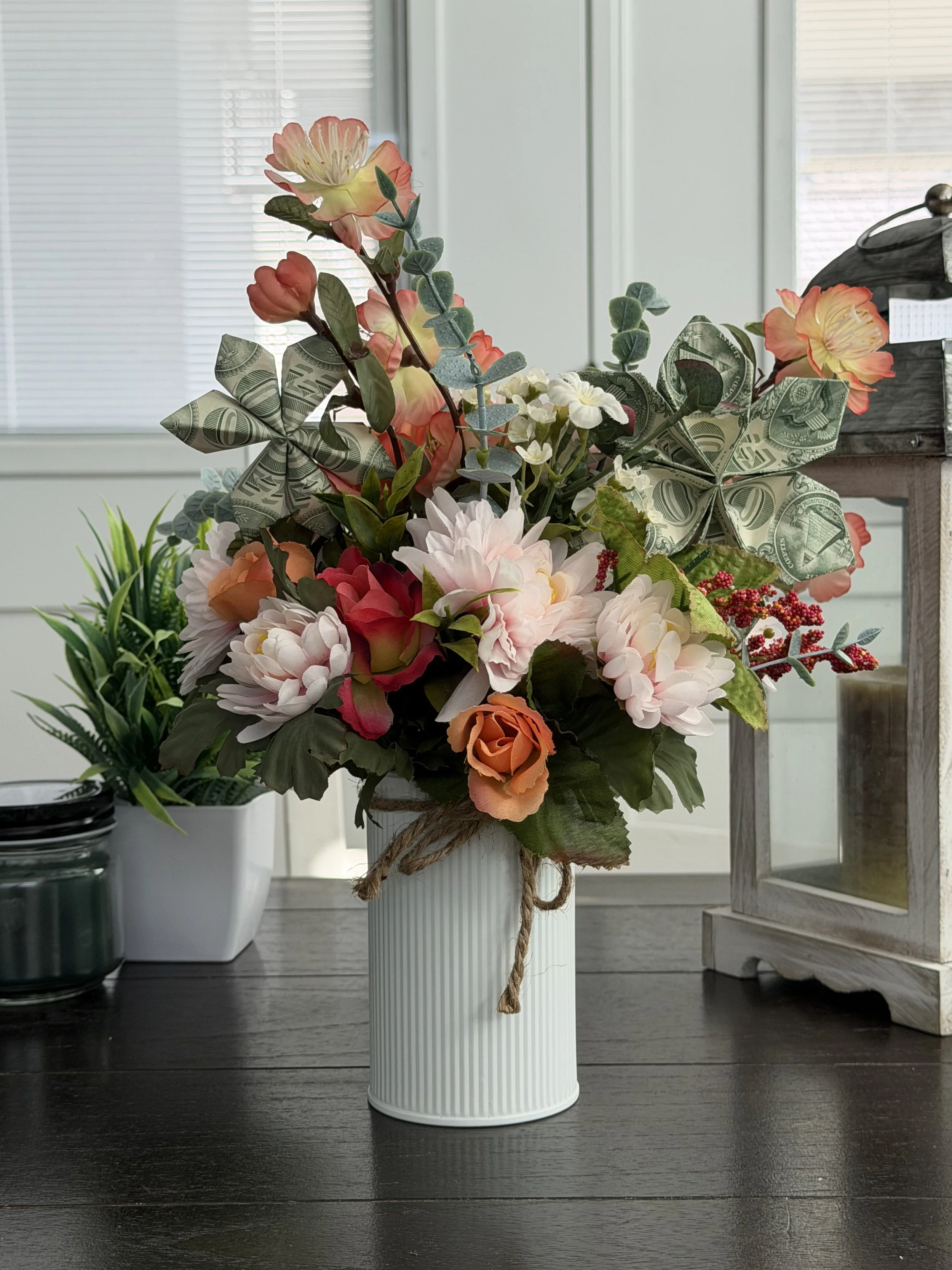 Personalized Money Bouquet | Creative Cash Gift | Handmade Floral Display - Orange-Pink-Red with white metal vase