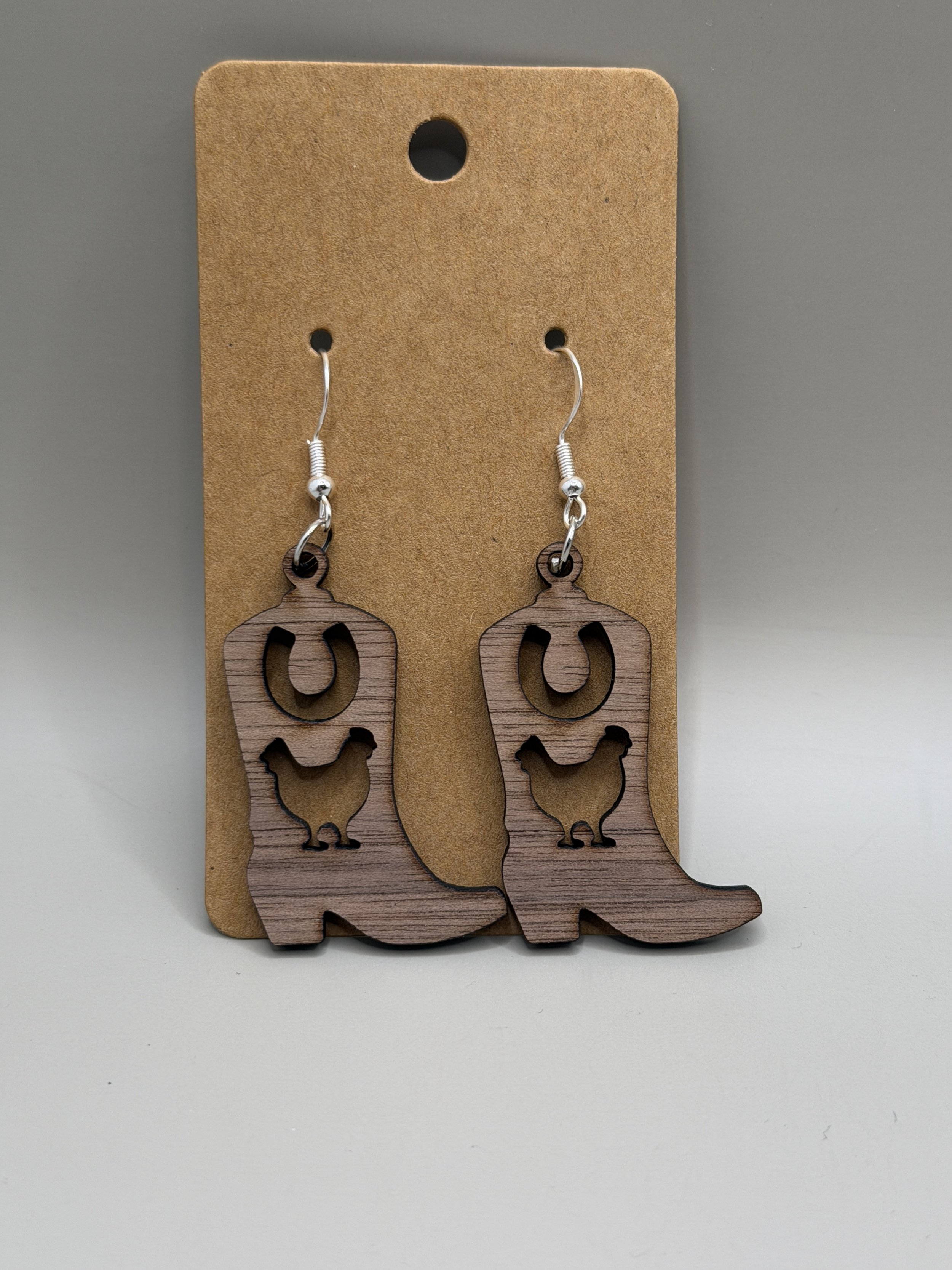 Walnut Earrings - Cowboy Boot Horseshoe and Chicken.JPG