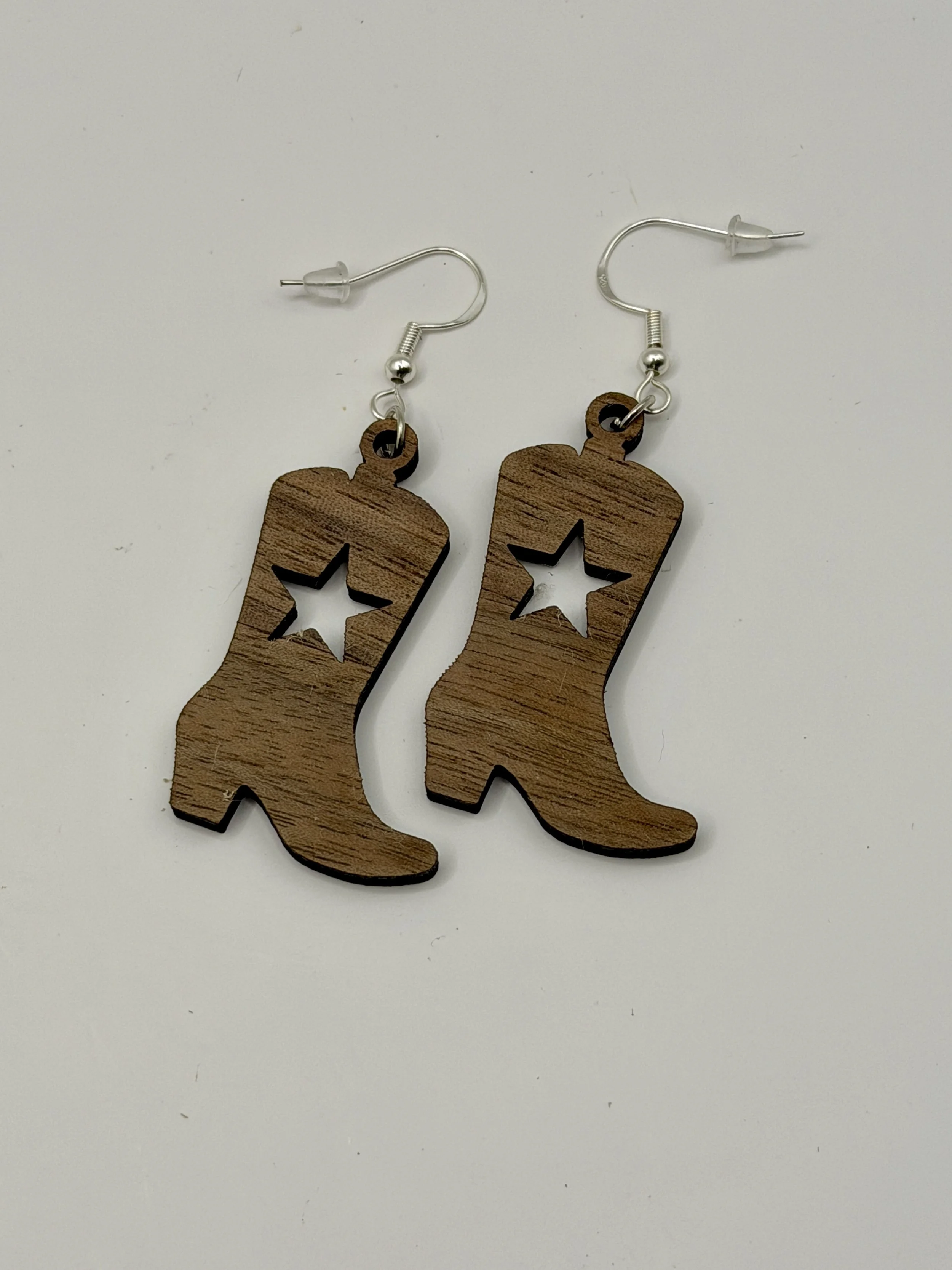 Walnut Earrings - Cowboy Boot Design with Star1.JPG