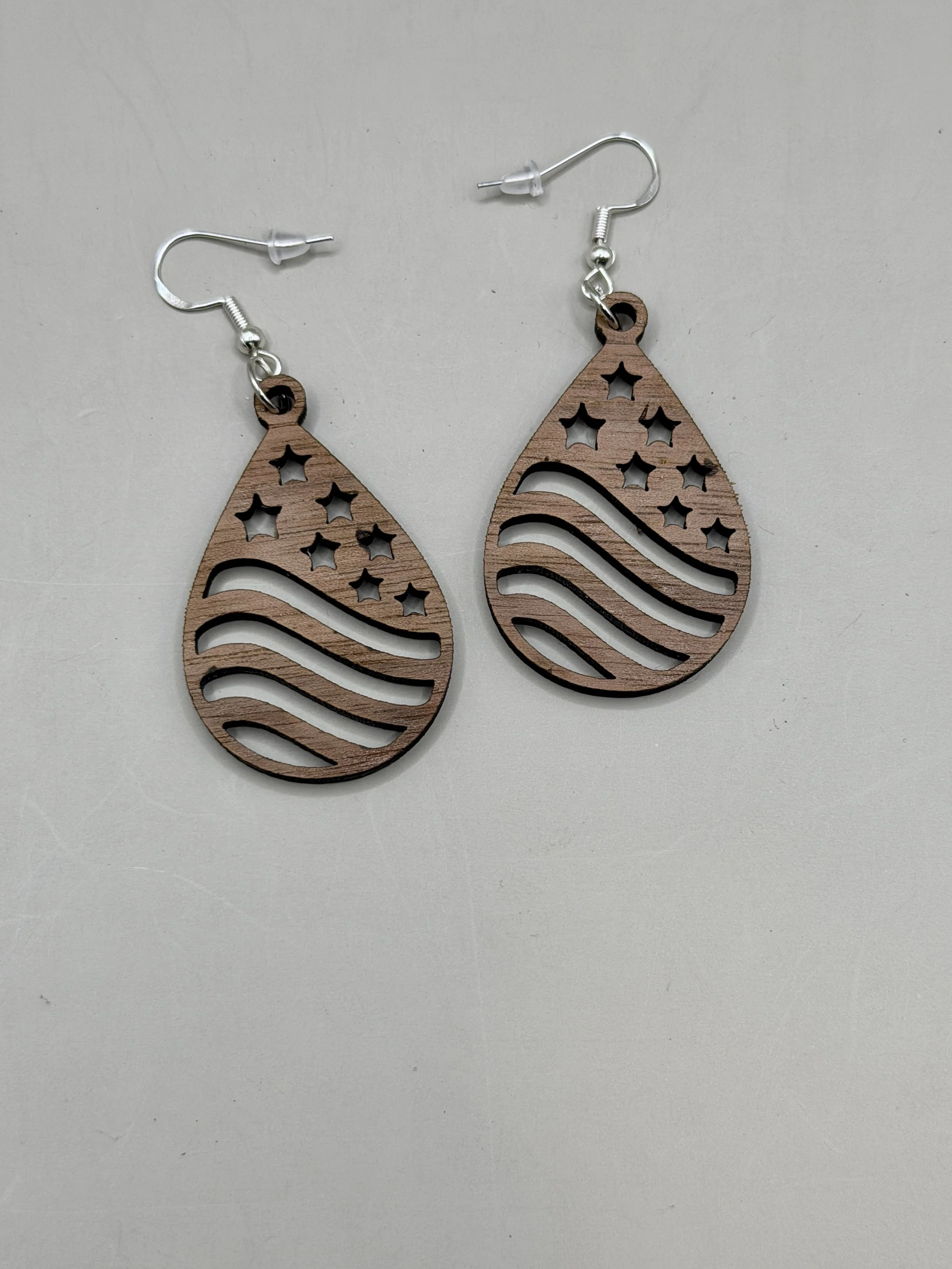 Patriotic American Flag Walnut Wood Earrings – Lightweight Teardrop Dangle Earrings