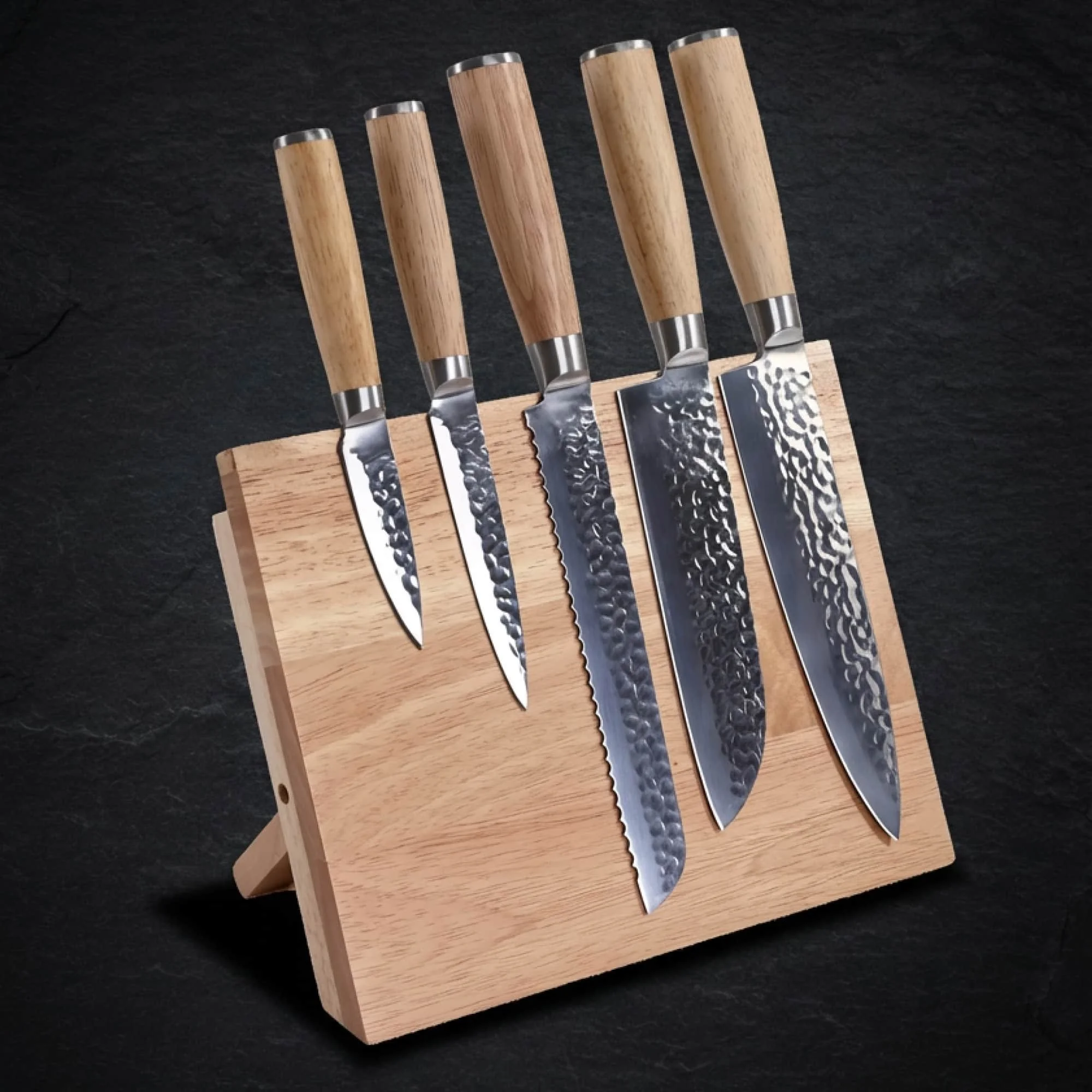 Personalized Kitchen Knife Set with Magnetic Rubberwood Block – Engraved 6-Piece Gourmet Knife Set
