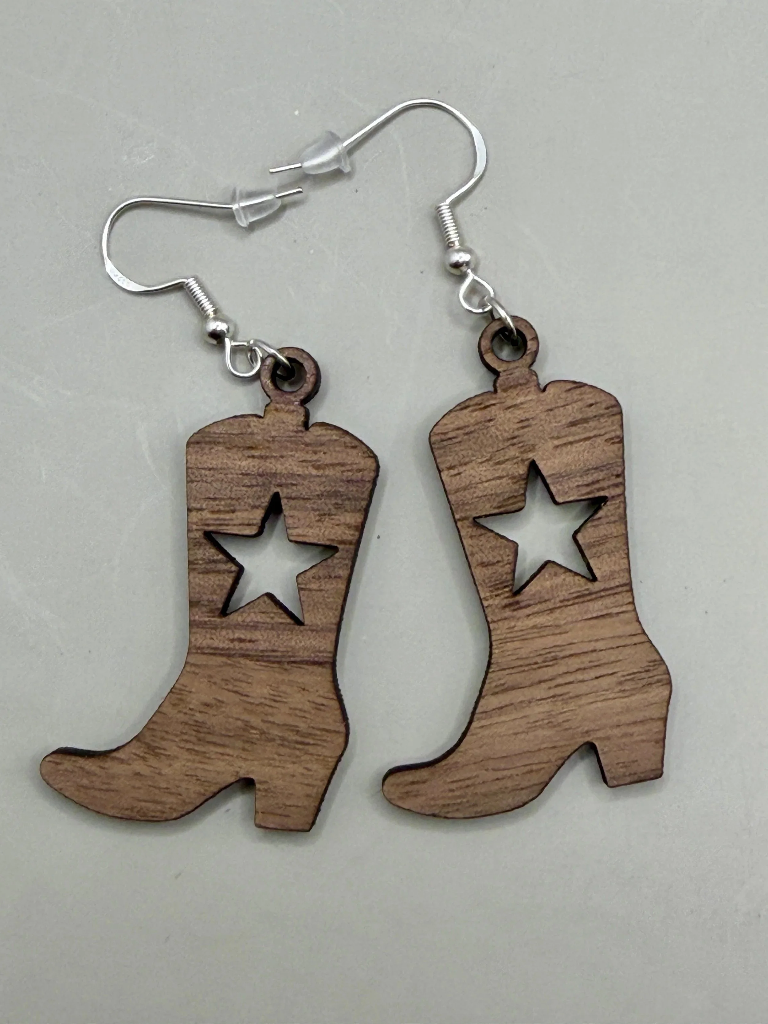 Walnut Cowboy Boot Earrings - Star Design