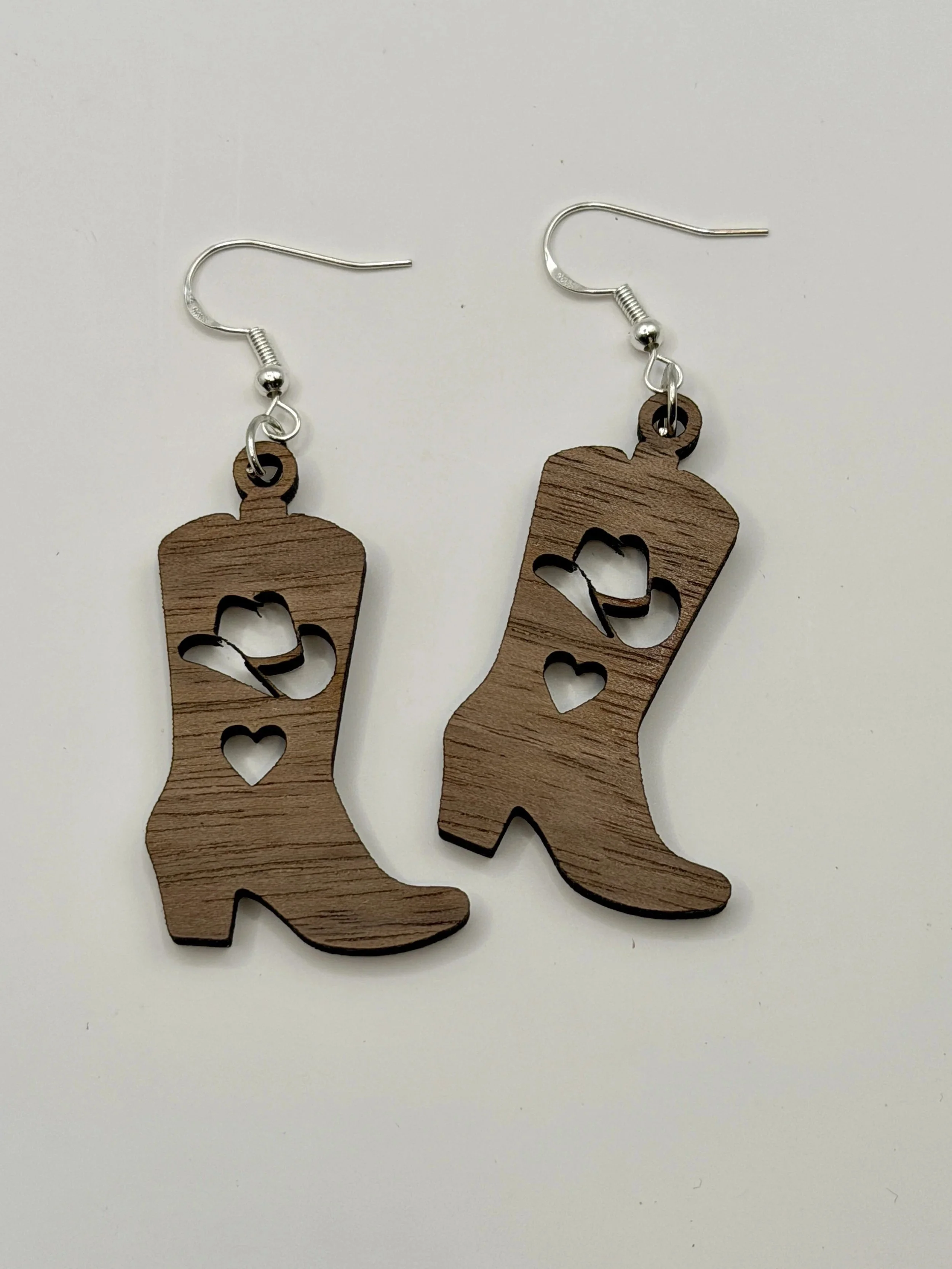 Walnut Cowboy Boot Earrings - Hat and Heart Design
